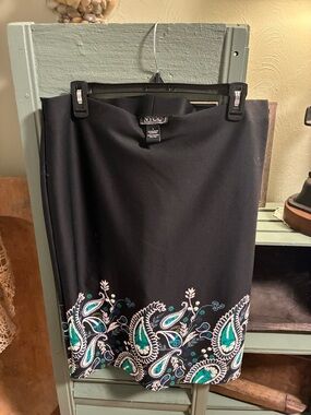 New York & Company Black Skirt with Teal and White Paisley Hem